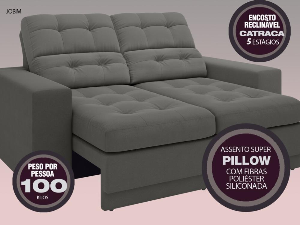 Sofá Jobim 1,70m Assento Retrátil e Reclinável Velosuede Cinza - NETSOFAS