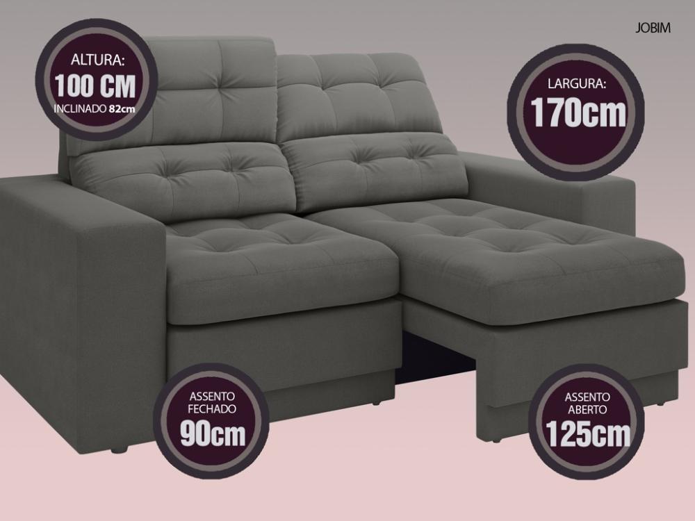 Sofá Jobim 1,70m Assento Retrátil e Reclinável Velosuede Cinza - NETSOFAS