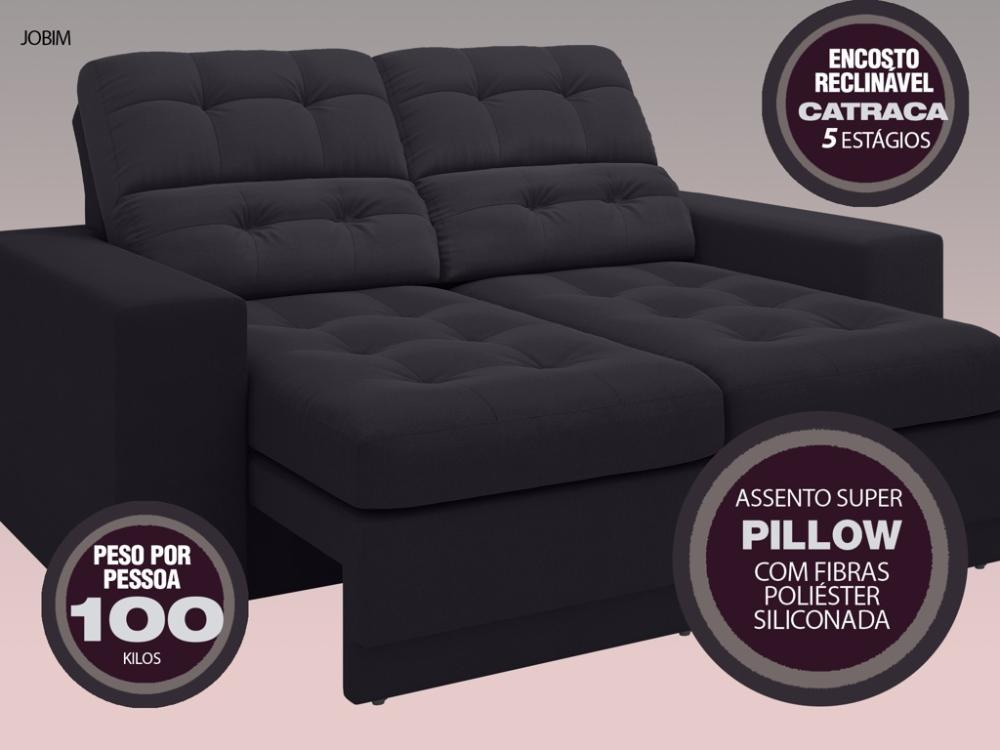 Sofá Jobim 1,70m Assento Retrátil e Reclinável Velosuede Preto - NETSOFAS