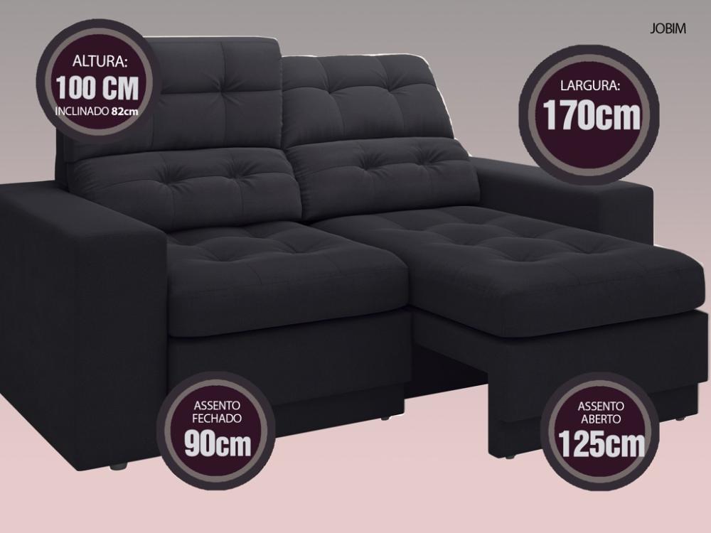 Sofá Jobim 1,70m Assento Retrátil e Reclinável Velosuede Preto - NETSOFAS