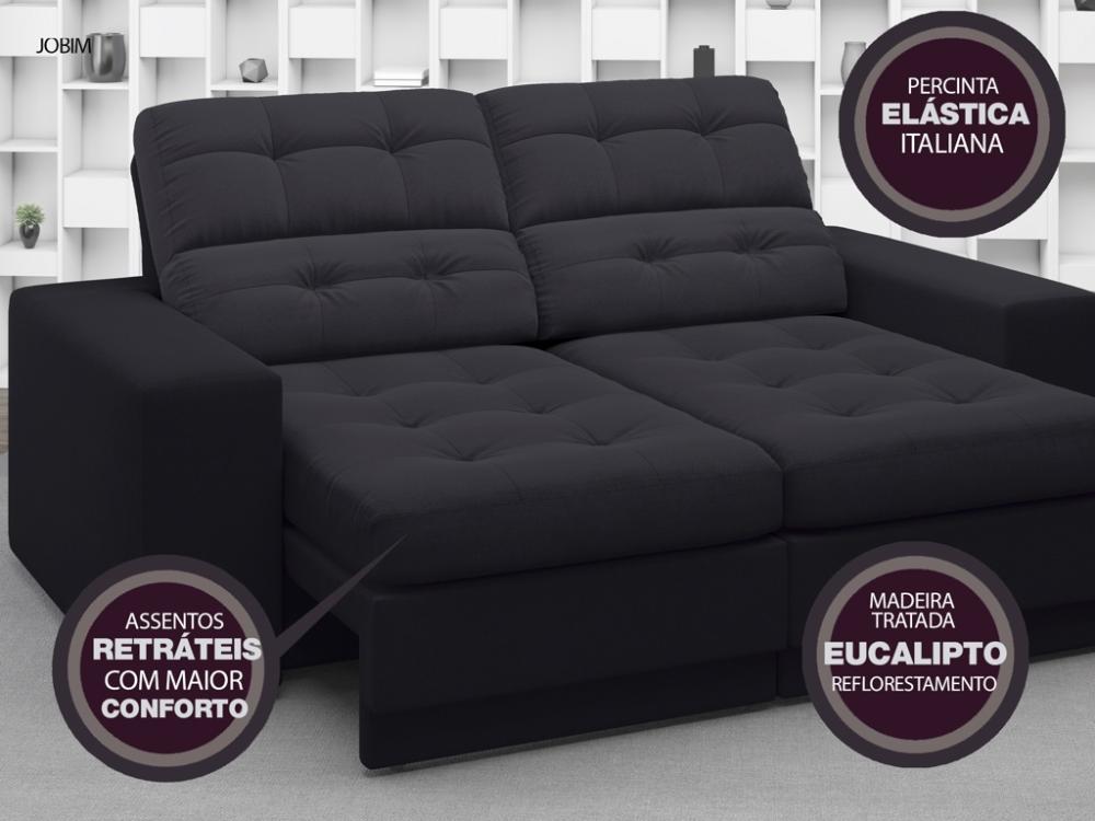 Sofá Jobim 1,70m Assento Retrátil e Reclinável Velosuede Preto - NETSOFAS