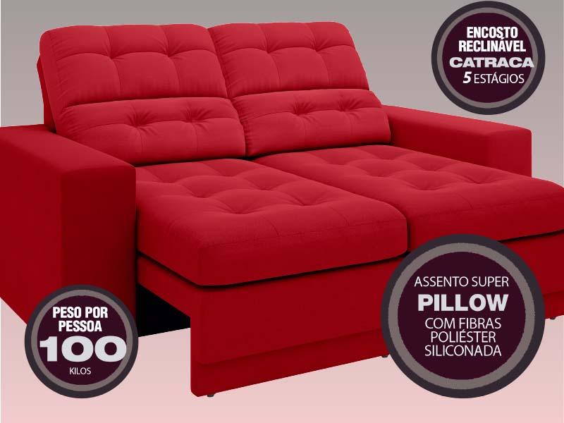 Sofá Jobim 1,70m Assento Retrátil e Reclinável Velosuede Vermelho - NETSOFAS