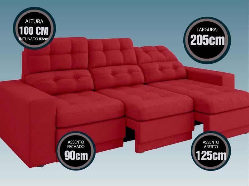 Sofá Jobim 2,05m Assento Retrátil e Reclinável Velosuede Vermelho - NETSOFAS