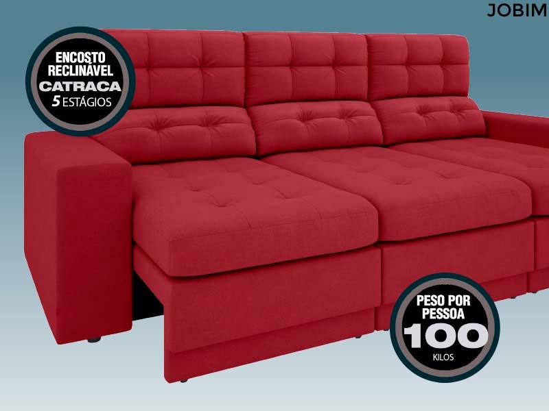 Sofá Jobim 2,05m Assento Retrátil e Reclinável Velosuede Vermelho - NETSOFAS