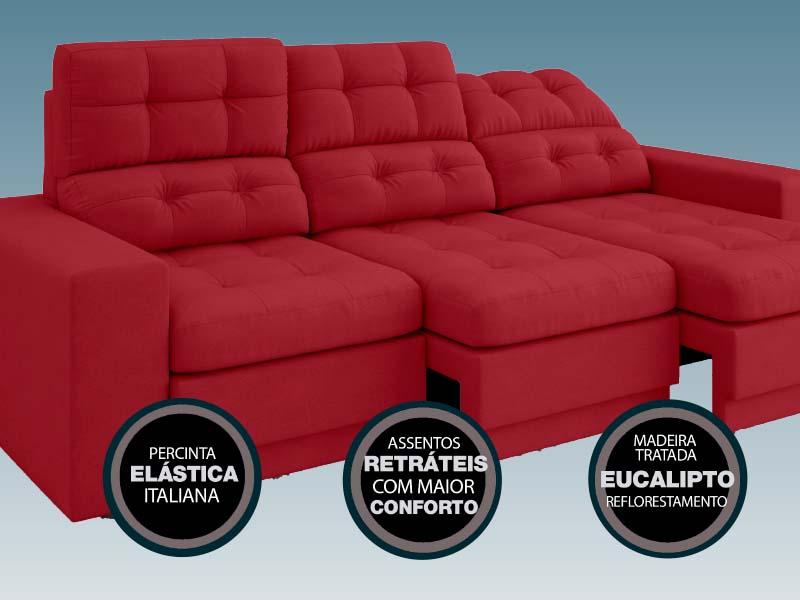 Sofá Jobim 2,05m Assento Retrátil e Reclinável Velosuede Vermelho - NETSOFAS