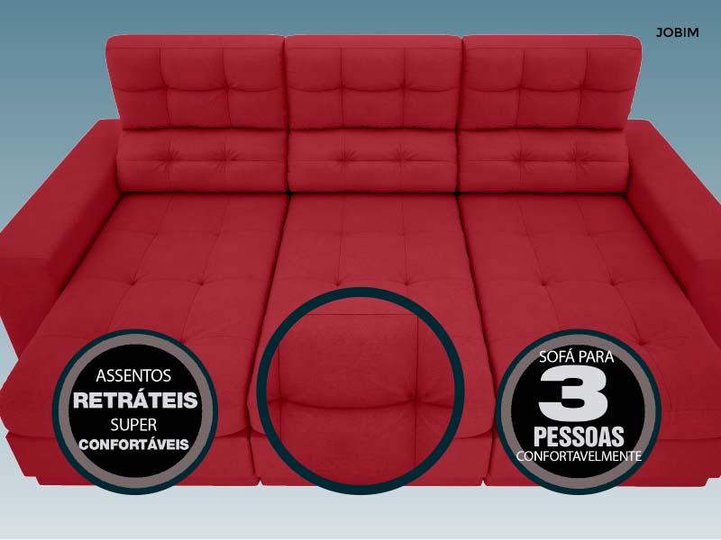 Sofá Jobim 2,05m Assento Retrátil e Reclinável Velosuede Vermelho - NETSOFAS