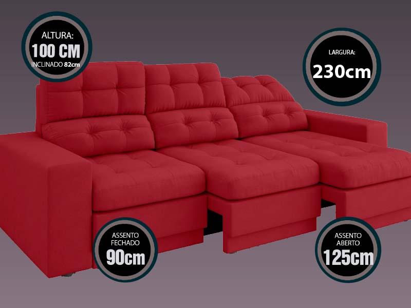 Sofá Jobim 2,30m Assento Retrátil e Reclinável Velosuede Vermelho - NETSOFAS