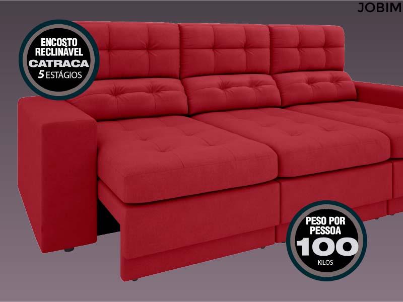 Sofá Jobim 2,30m Assento Retrátil e Reclinável Velosuede Vermelho - NETSOFAS