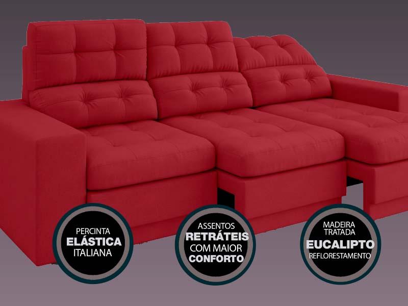Sofá Jobim 2,30m Assento Retrátil e Reclinável Velosuede Vermelho - NETSOFAS