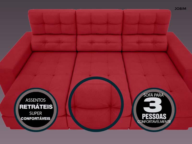 Sofá Jobim 2,30m Assento Retrátil e Reclinável Velosuede Vermelho - NETSOFAS