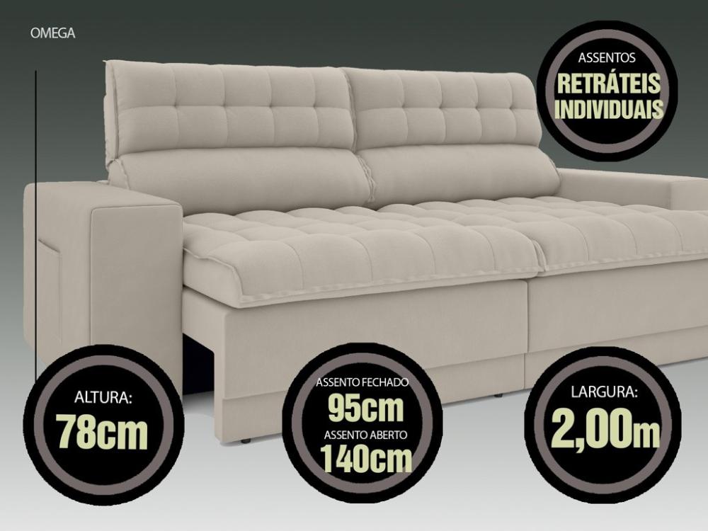 Sofá Omega 2,00m Assento Retrátil e Reclinável Velosuede Areia - NETSOFAS