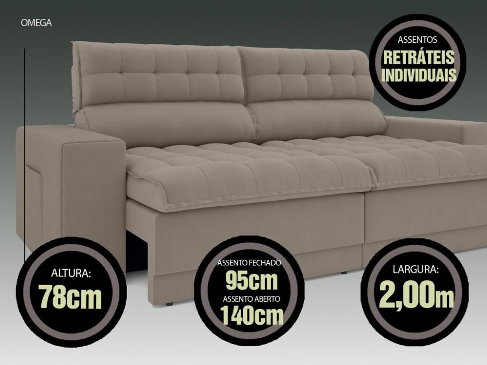 Sofá Omega 2,00m Assento Retrátil e Reclinável Velosuede Bege - NETSOFAS