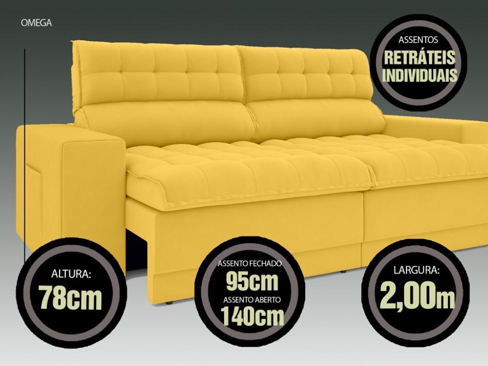 Sofá Omega 2,00m Assento Retrátil e Reclinável Velosuede Canário - NETSOFAS