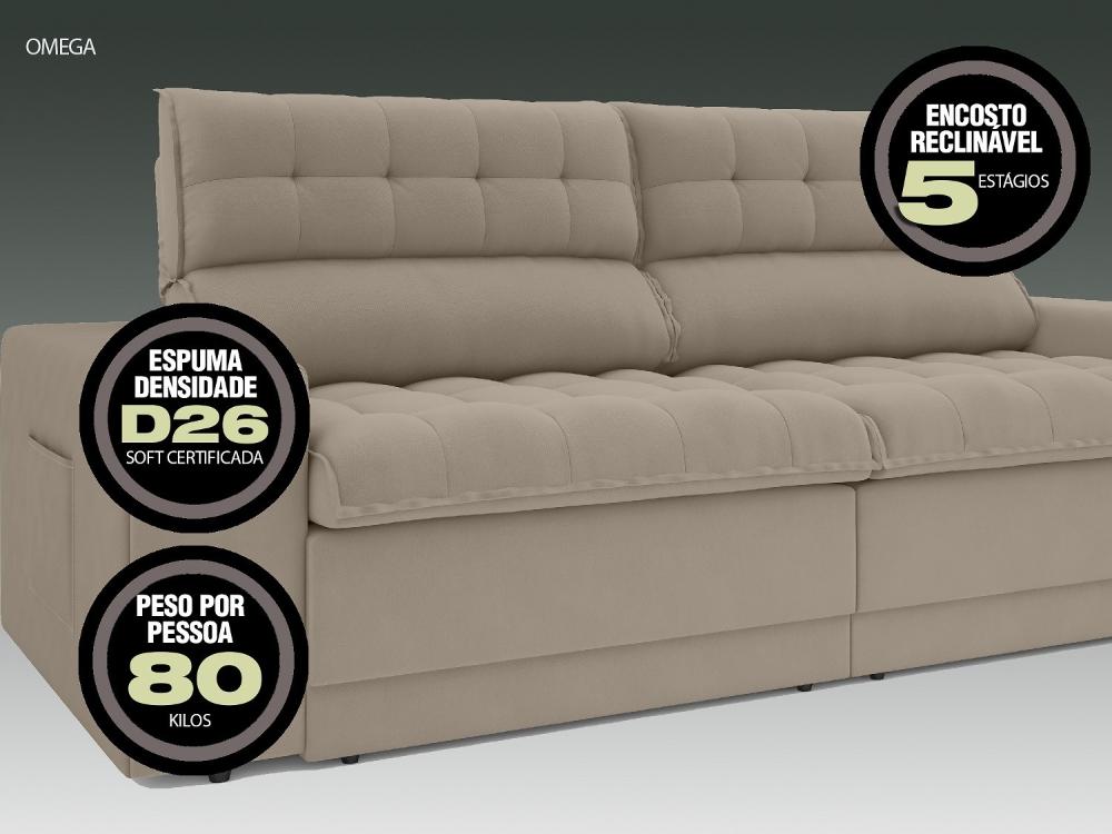 Sofá Omega 2,00m Assento Retrátil e Reclinável Velosuede Capuccino - NETSOFAS