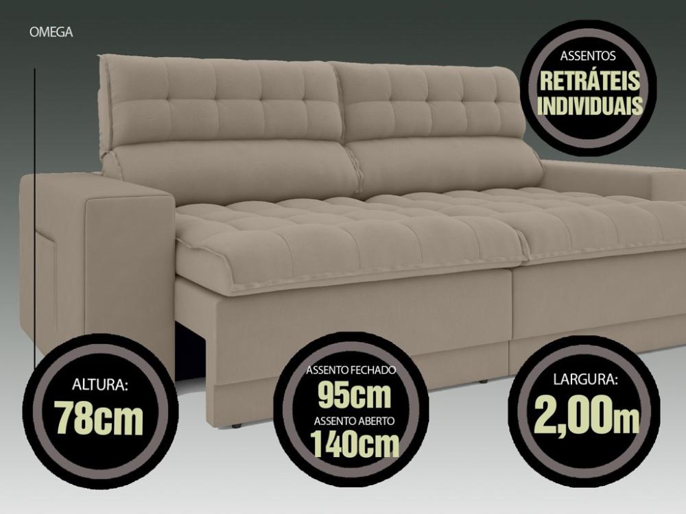 Sofá Omega 2,00m Assento Retrátil e Reclinável Velosuede Capuccino - NETSOFAS