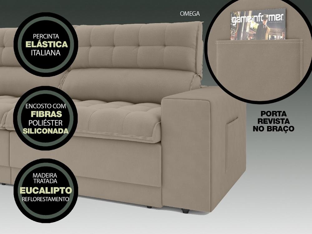 Sofá Omega 2,00m Assento Retrátil e Reclinável Velosuede Capuccino - NETSOFAS