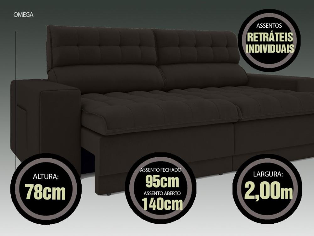 Sofá Omega 2,00m Assento Retrátil e Reclinável Velosuede Chocolate - NETSOFAS