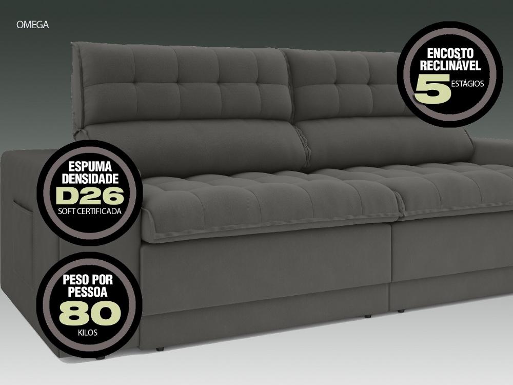Sofá Omega 2,00m Assento Retrátil e Reclinável Velosuede Cinza - NETSOFAS