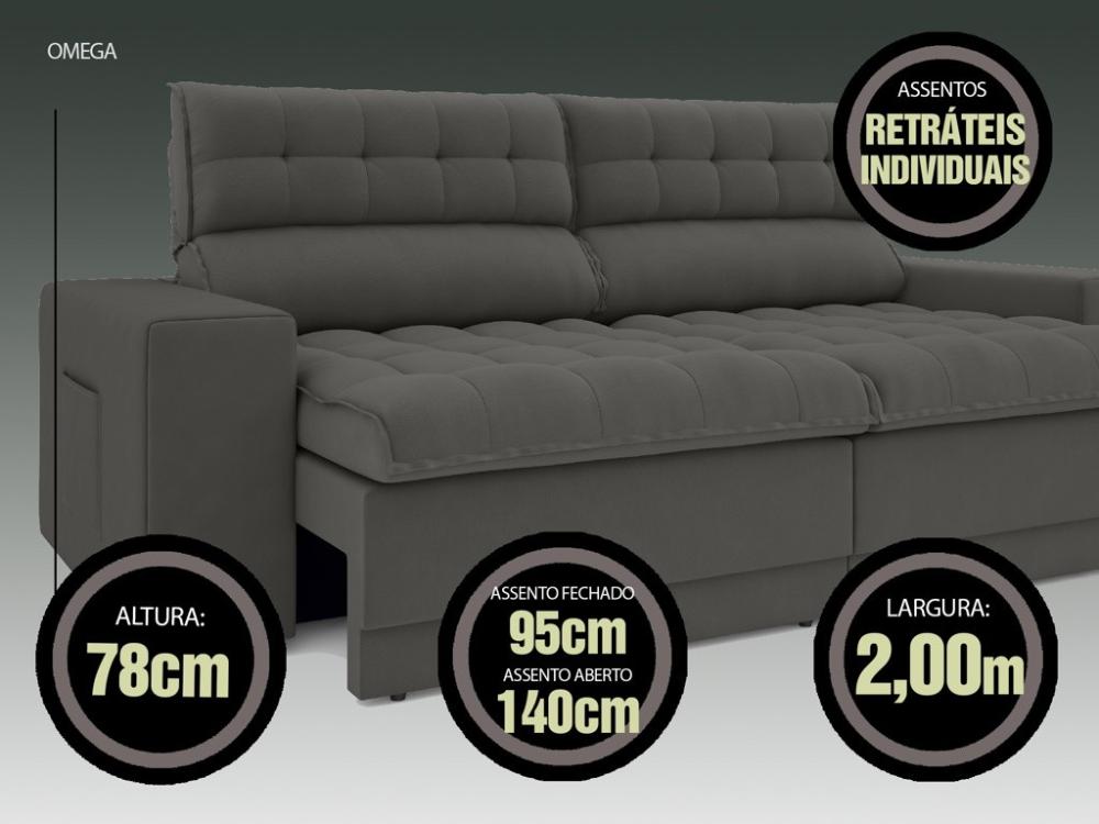 Sofá Omega 2,00m Assento Retrátil e Reclinável Velosuede Cinza - NETSOFAS
