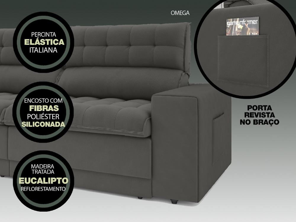 Sofá Omega 2,00m Assento Retrátil e Reclinável Velosuede Cinza - NETSOFAS