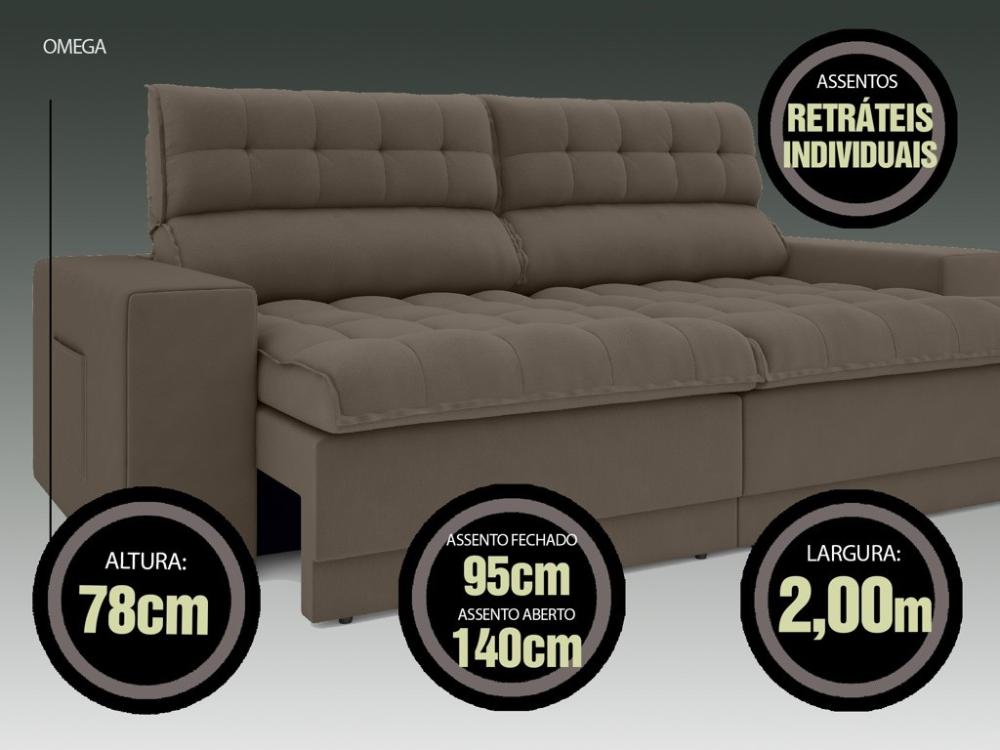 Sofá Omega 2,00m Assento Retrátil e Reclinável Velosuede Marrom - NETSOFAS