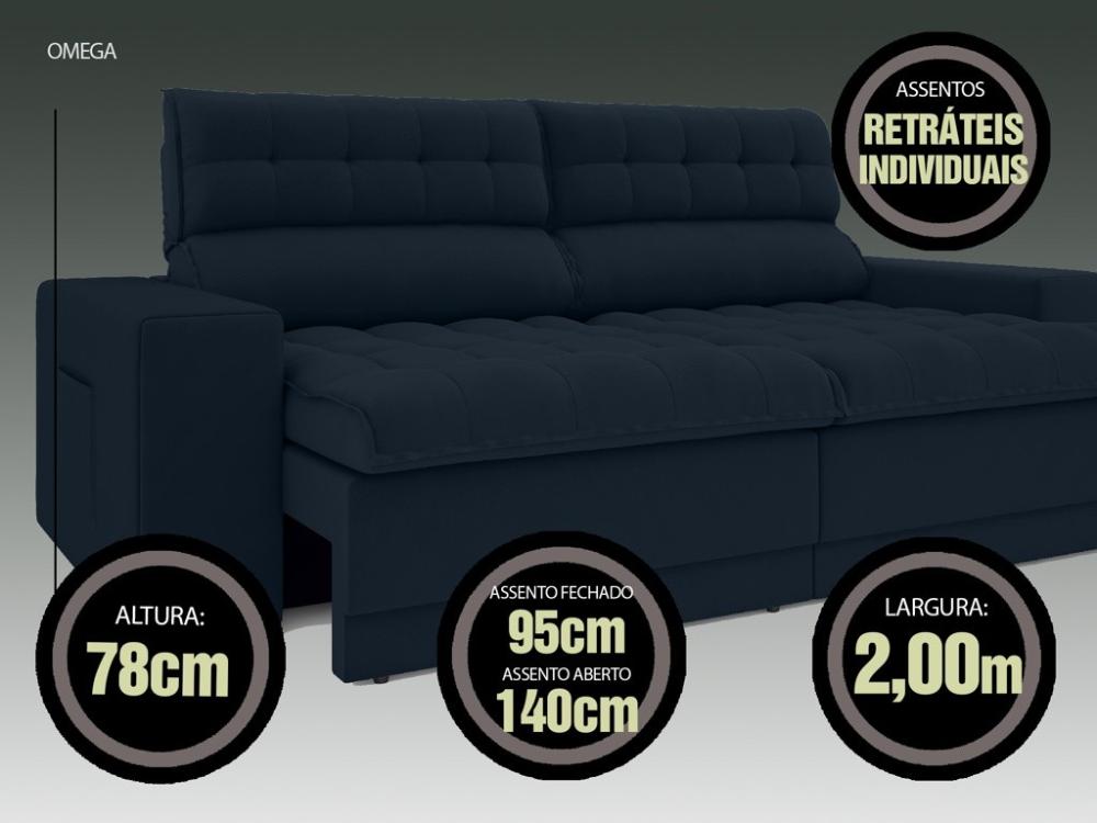 Sofá Omega 2,00m Assento Retrátil e Reclinável Velosuede Petróleo - NETSOFAS