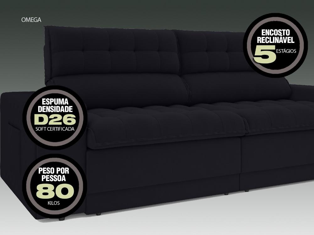 Sofá Omega 2,00m Assento Retrátil e Reclinável Velosuede Preto - NETSOFAS