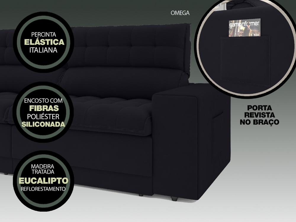 Sofá Omega 2,00m Assento Retrátil e Reclinável Velosuede Preto - NETSOFAS