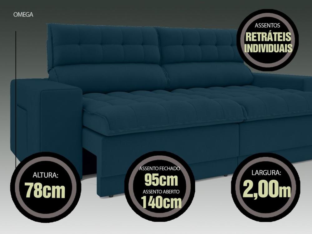 Sofá Omega 2,00m Assento Retrátil e Reclinável Velosuede Royal - NETSOFAS