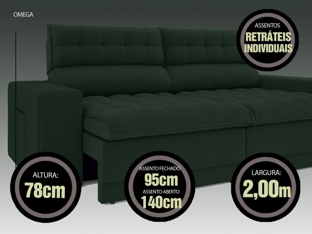 Sofá Omega 2,00m Assento Retrátil e Reclinável Velosuede Verde - NETSOFAS