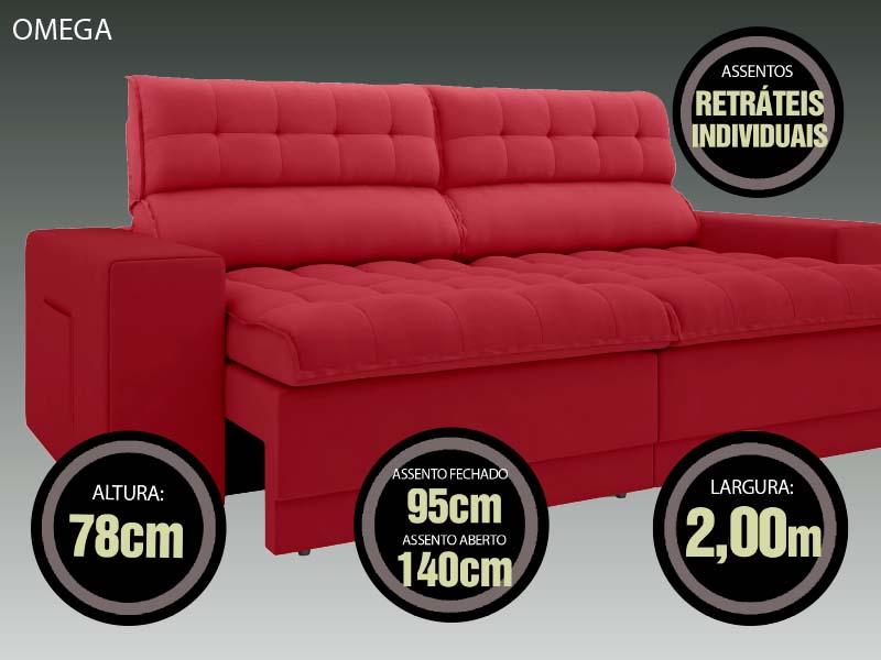 Sofá Omega 2,00m Assento Retrátil e Reclinável Velosuede Vermelho - NETSOFAS