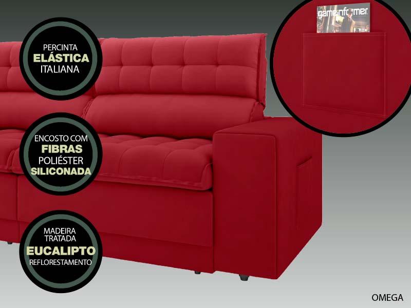 Sofá Omega 2,00m Assento Retrátil e Reclinável Velosuede Vermelho - NETSOFAS