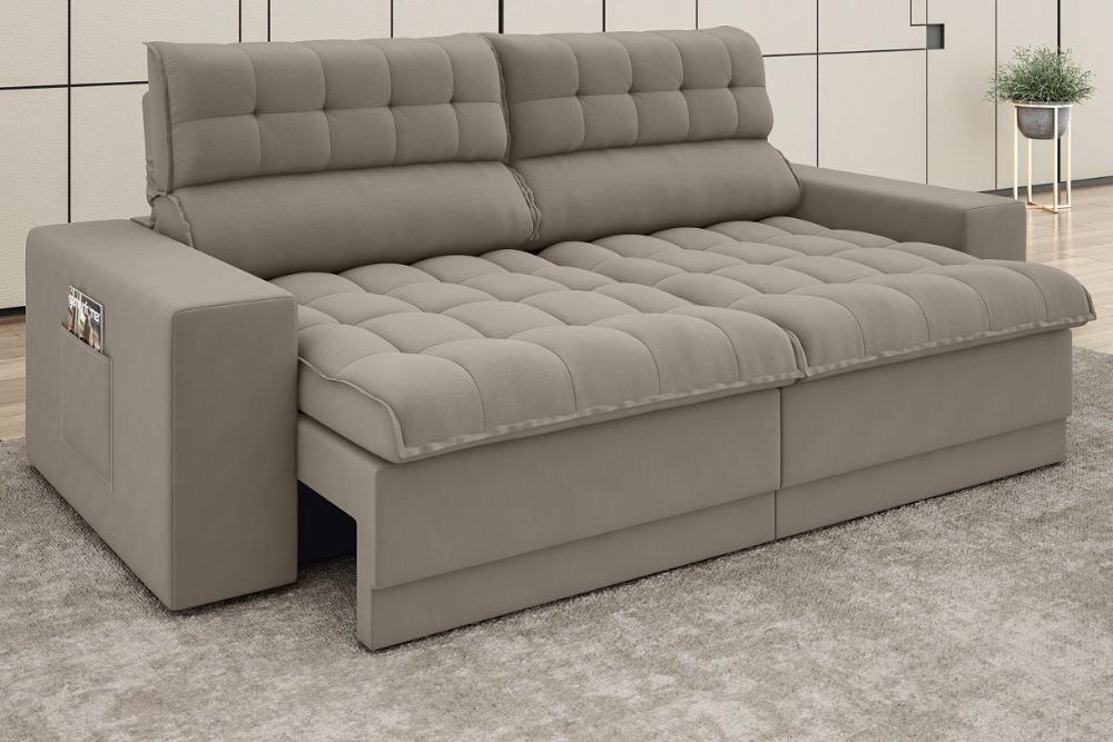 Sofá Omega 2,30m Assento Retrátil e Reclinável Velosuede Bege - NETSOFAS