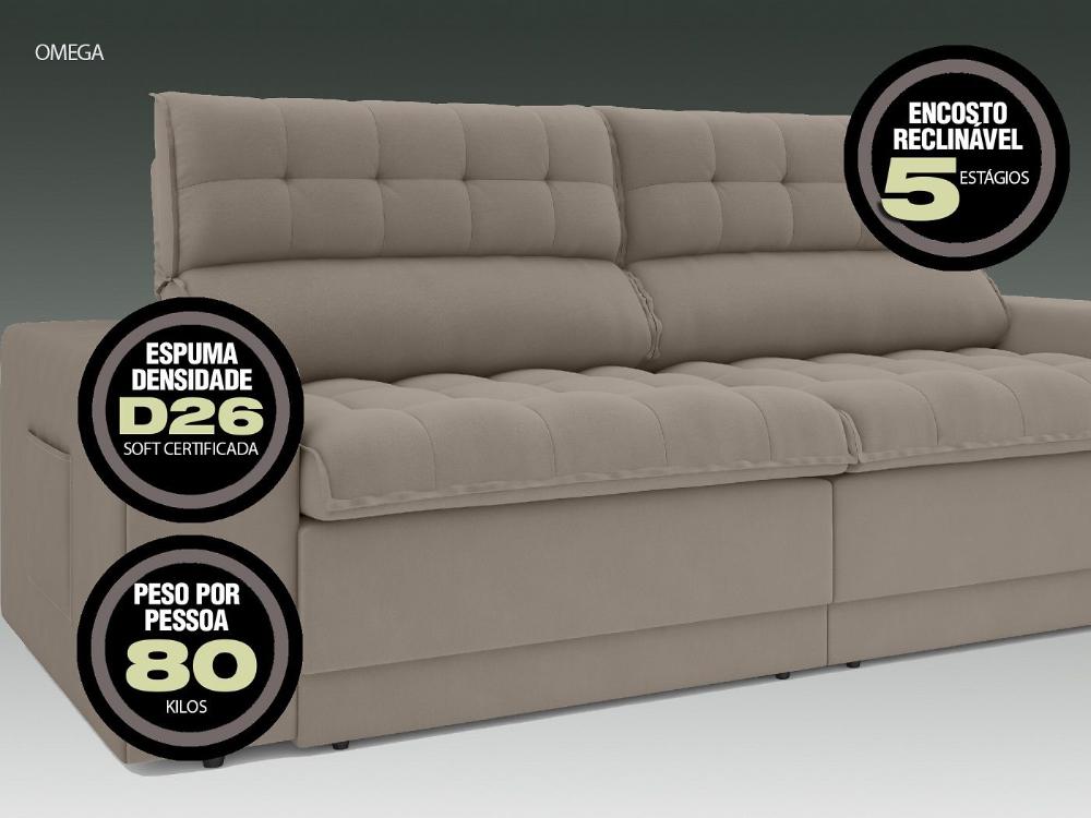 Sofá Omega 2,30m Assento Retrátil e Reclinável Velosuede Bege - NETSOFAS