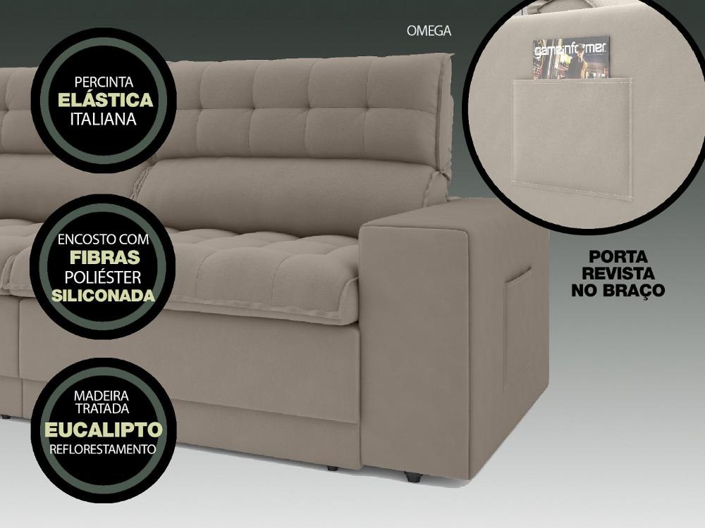 Sofá Omega 2,30m Assento Retrátil e Reclinável Velosuede Bege - NETSOFAS