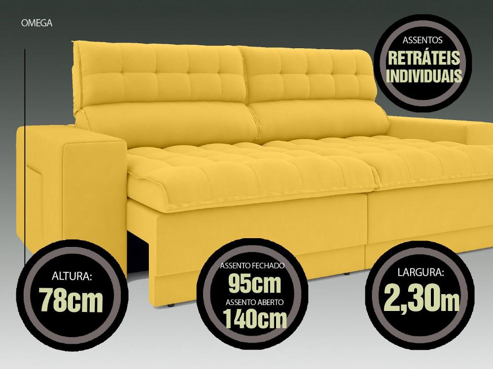 Sofá Omega 2,30m Assento Retrátil e Reclinável Velosuede Canário - NETSOFAS