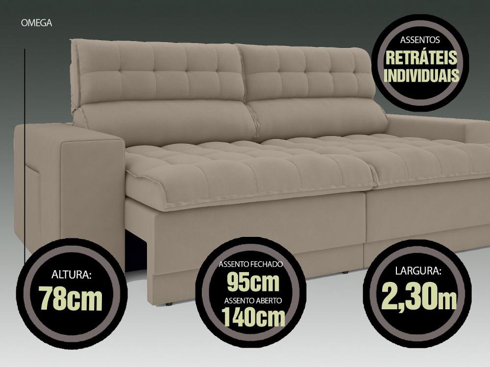 Sofá Omega 2,30m Assento Retrátil e Reclinável Velosuede Capuccino - NETSOFAS