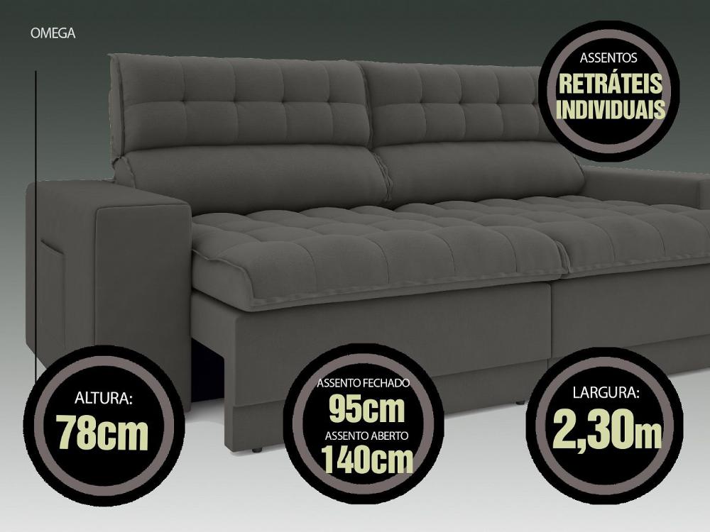 Sofá Omega 2,30m Assento Retrátil e Reclinável Velosuede Cinza - NETSOFAS