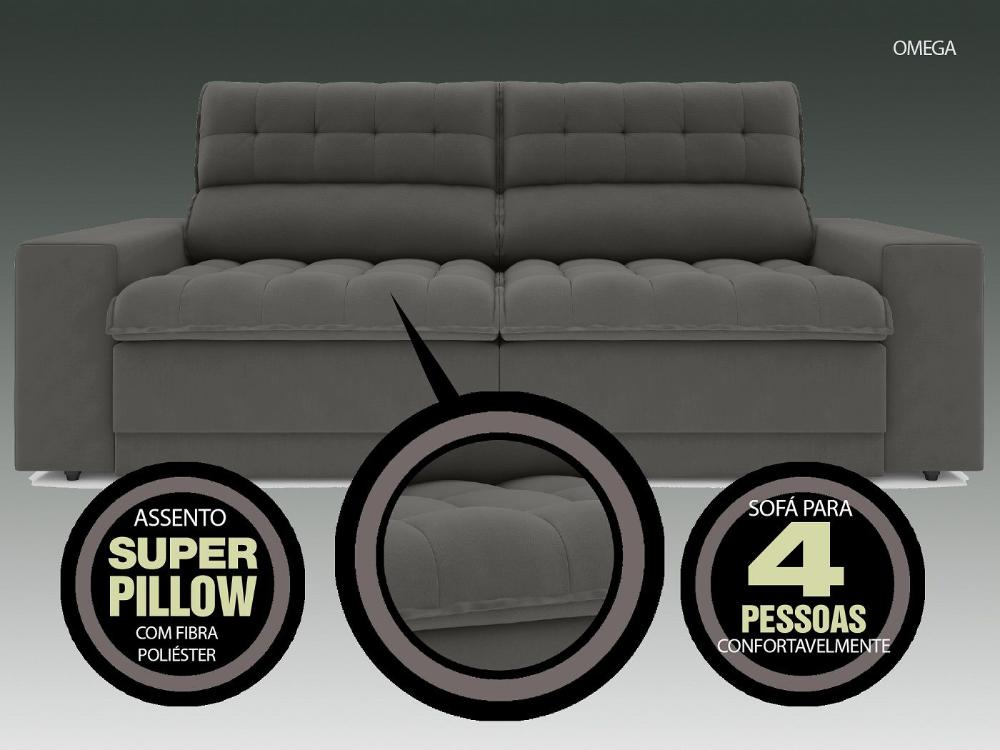 Sofá Omega 2,30m Assento Retrátil e Reclinável Velosuede Cinza - NETSOFAS