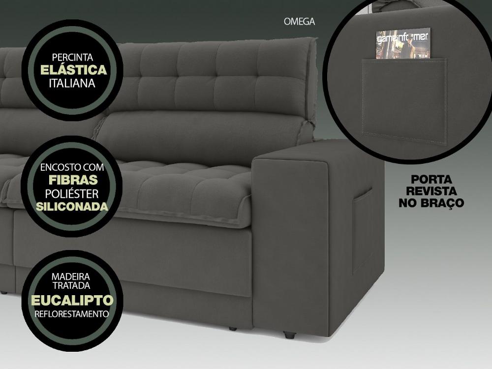 Sofá Omega 2,30m Assento Retrátil e Reclinável Velosuede Cinza - NETSOFAS