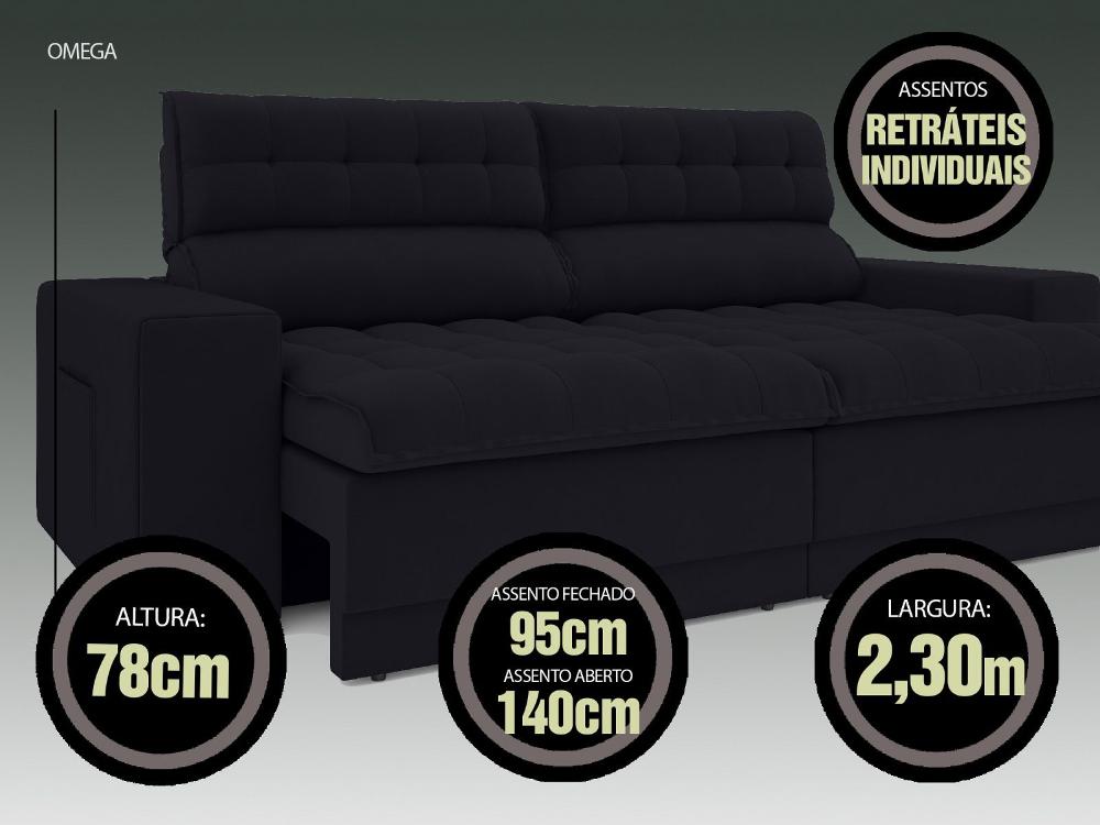 Sofá Omega 2,30m Assento Retrátil e Reclinável Velosuede Preto - NETSOFAS