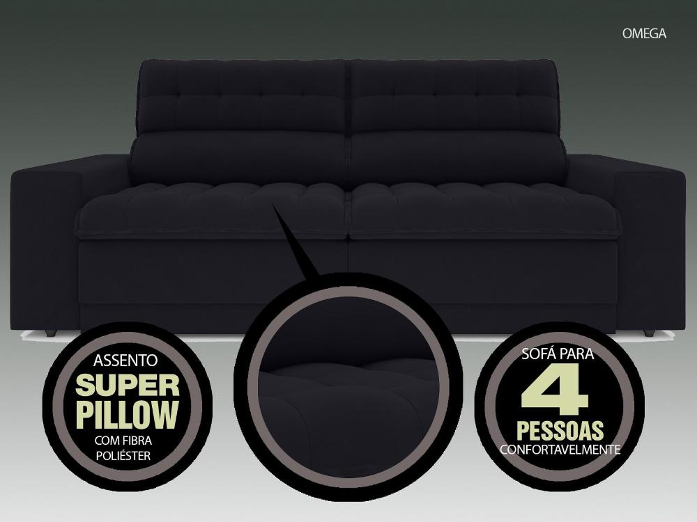 Sofá Omega 2,30m Assento Retrátil e Reclinável Velosuede Preto - NETSOFAS
