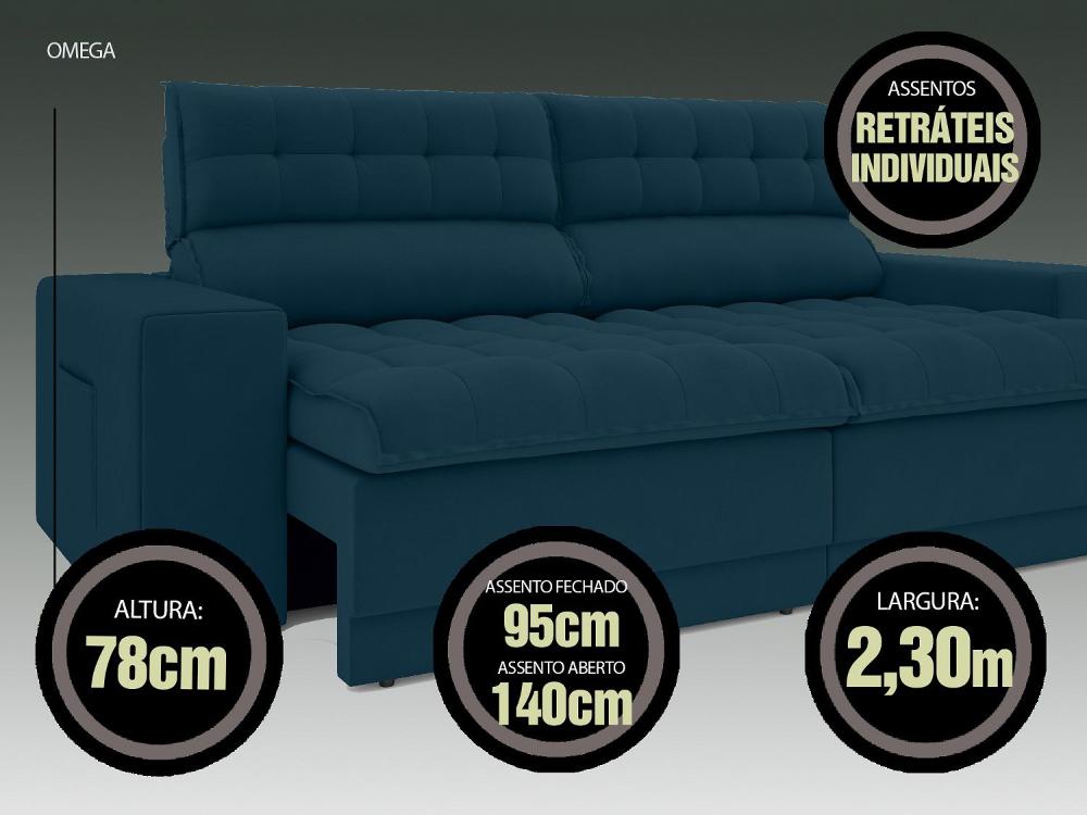 Sofá Omega 2,30m Assento Retrátil e Reclinável Velosuede Royal - NETSOFAS