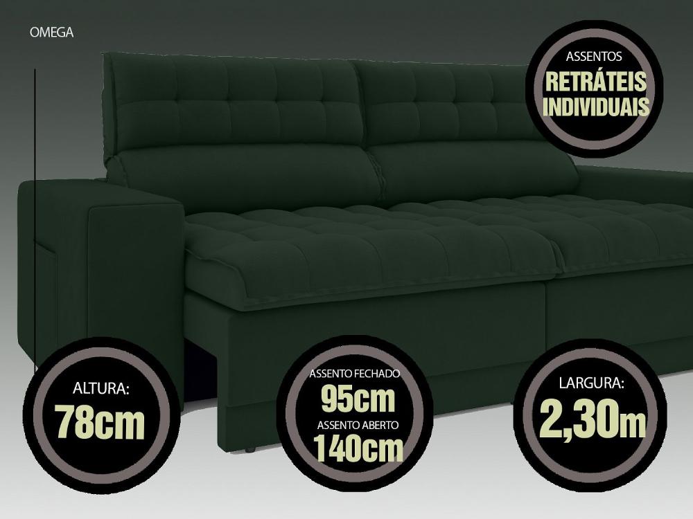 Sofá Omega 2,30m Assento Retrátil e Reclinável Velosuede Verde - NETSOFAS