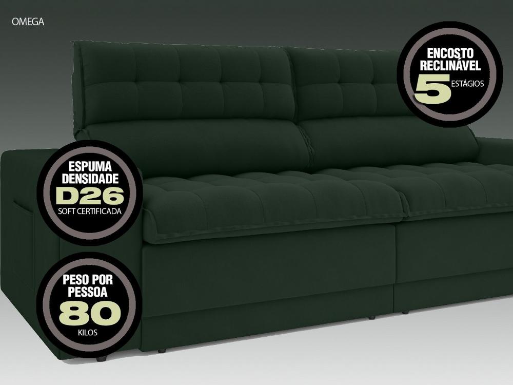 Sofá Omega 2,30m Assento Retrátil e Reclinável Velosuede Verde - NETSOFAS
