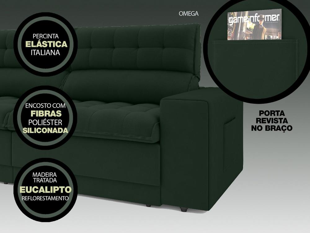 Sofá Omega 2,30m Assento Retrátil e Reclinável Velosuede Verde - NETSOFAS