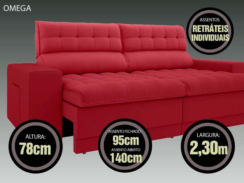 Sofá Omega 2,30m Assento Retrátil e Reclinável Velosuede Vermelho - NETSOFAS