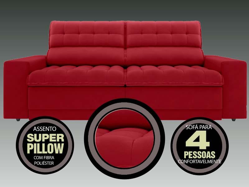 Sofá Omega 2,30m Assento Retrátil e Reclinável Velosuede Vermelho - NETSOFAS