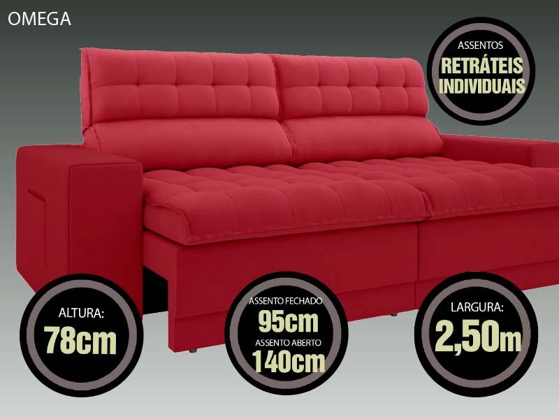 Sofá Omega 2,50m Assento Retrátil e Reclinável Velosuede Vermelho - NETSOFAS