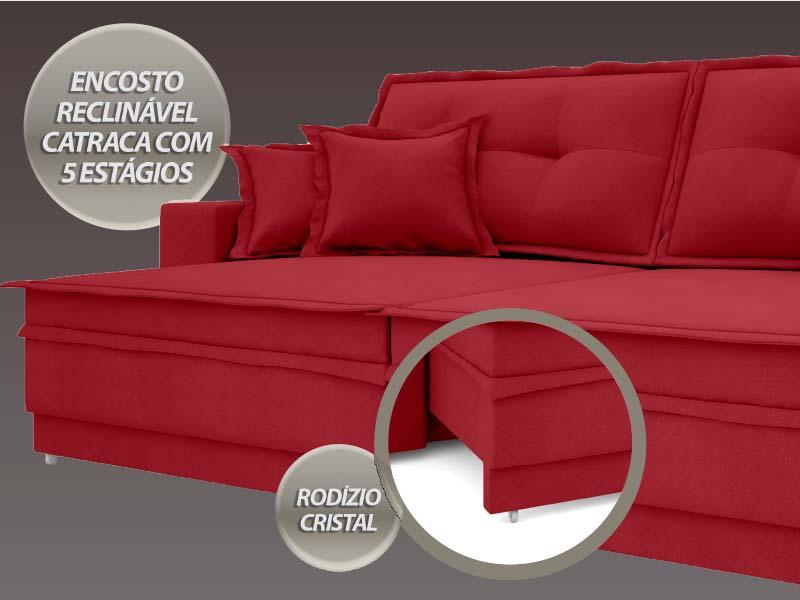 Sofá Palermo 2,00m Assento Retrátil e Reclinável Velosuede Vermelho - NETSOFAS